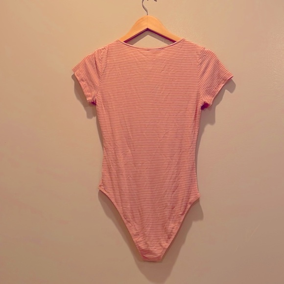 NWT (M) pink stripe thong bodysuit cotton mix softest tee shirt cap sleeeve - Picture 4 of 9